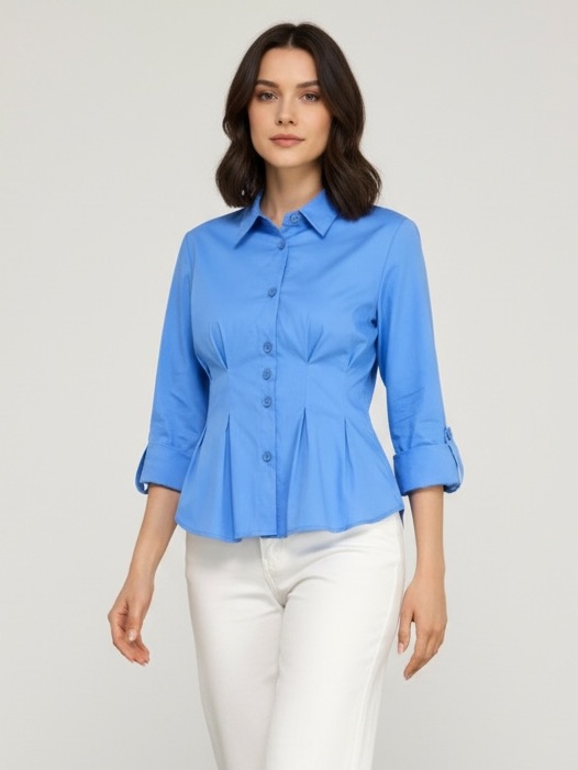 1395 Blue Cotton Stretch Defined Waist Roll Sleeve Tab Classic Button Shirt